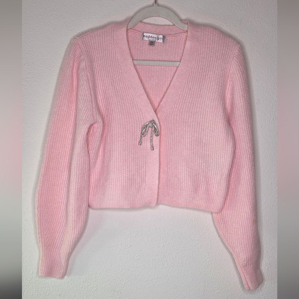 Madden Girl Pink V-Neck Cardigan with Bow Snap - XS